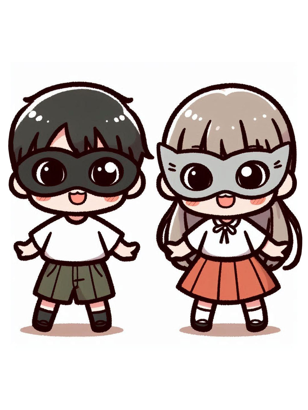 cute halloween drawings for kids 2, depicting two children wearing masks, one as a superhero and the other as a cat, each in vibrant dresses, standing side by side with cheerful expressions.